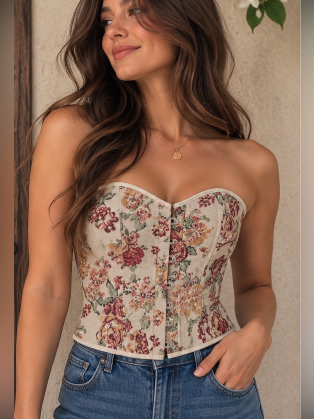 Floral Strapless Corset Top in Cream